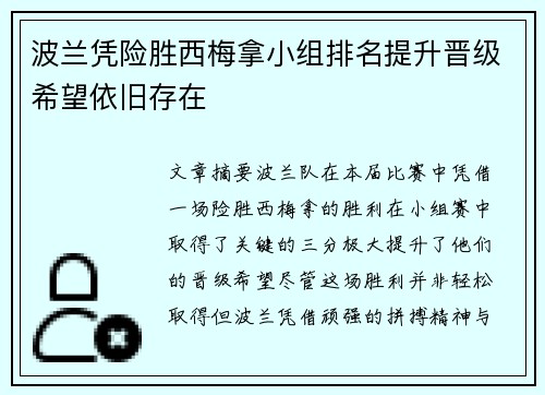 波兰凭险胜西梅拿小组排名提升晋级希望依旧存在