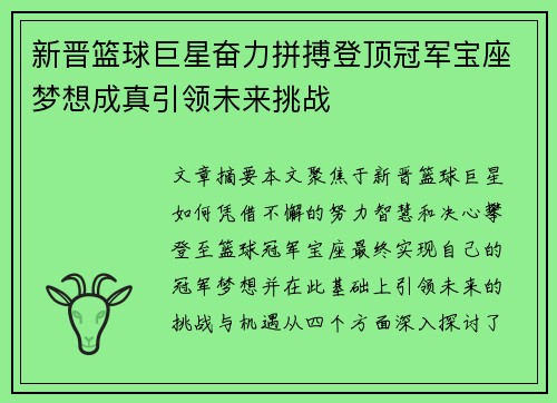 新晋篮球巨星奋力拼搏登顶冠军宝座梦想成真引领未来挑战