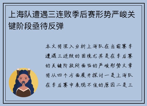 上海队遭遇三连败季后赛形势严峻关键阶段亟待反弹