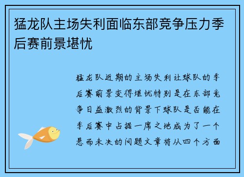 猛龙队主场失利面临东部竞争压力季后赛前景堪忧