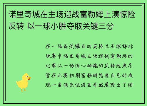 诺里奇城在主场迎战富勒姆上演惊险反转 以一球小胜夺取关键三分