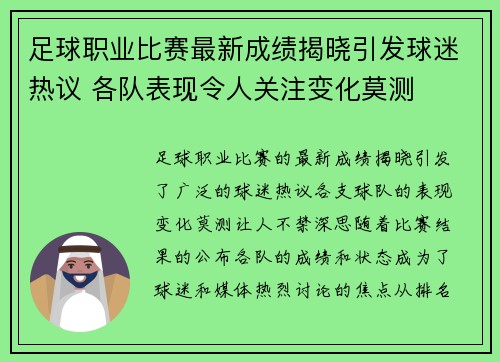 足球职业比赛最新成绩揭晓引发球迷热议 各队表现令人关注变化莫测