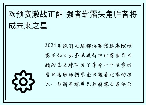 欧预赛激战正酣 强者崭露头角胜者将成未来之星