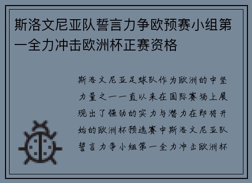 斯洛文尼亚队誓言力争欧预赛小组第一全力冲击欧洲杯正赛资格