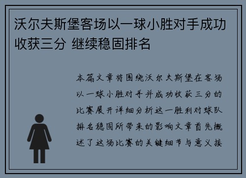 沃尔夫斯堡客场以一球小胜对手成功收获三分 继续稳固排名