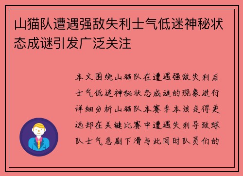 山猫队遭遇强敌失利士气低迷神秘状态成谜引发广泛关注