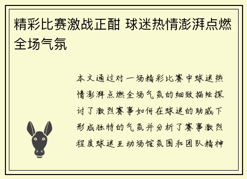 精彩比赛激战正酣 球迷热情澎湃点燃全场气氛